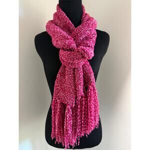 Y2K Liz Claiborne Hot Pink Chenille Scarf Ribbon Fringe Cozy Glam
